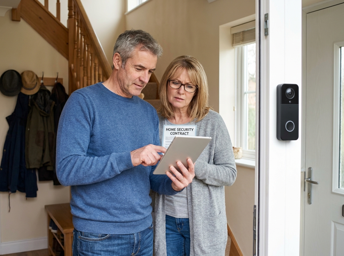Couple consultant un contrat de télésurveillance sur tablette dans le couloir de leur maison avant de s'engager