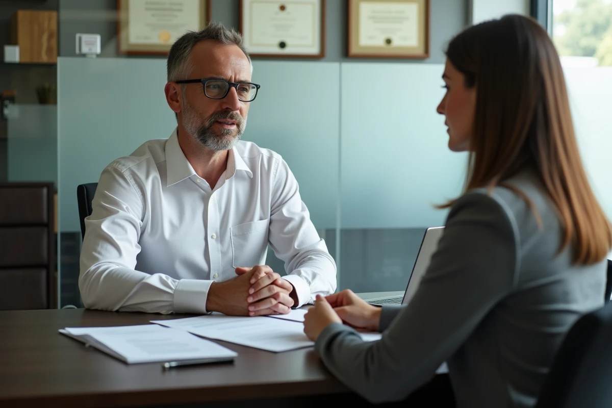 Courtier en assurance expliquant les termes d'un contrat à une cliente dans un bureau de conseil