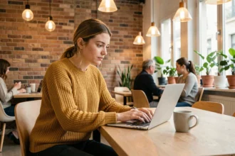 Jeune femme travaillant dans un espace de coworking abordable à Lyon avec décoration moderne en brique apparente