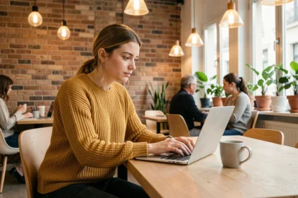 Jeune femme travaillant dans un espace de coworking abordable à Lyon avec décoration moderne en brique apparente