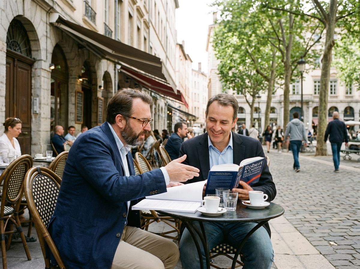 Deux hommes discutent documents sur une terrasse à Lyon