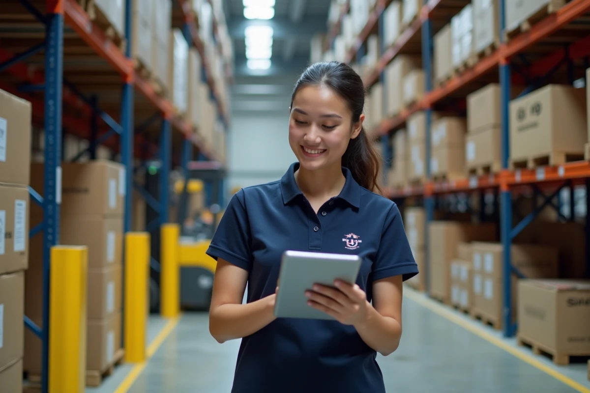 Jeune femme débutante en logistique consultant une tablette dans un entrepôt Kuenel Nagel