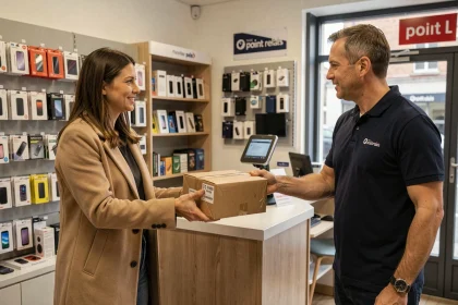 Femme déposant un colis dans un point relais PHONE com à Lille, service de retrait de colis en magasin