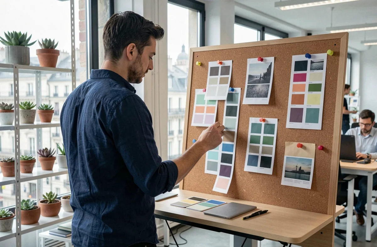 Designer freelance debout à son bureau réglable dans un coworking économique avec vue sur Lyon