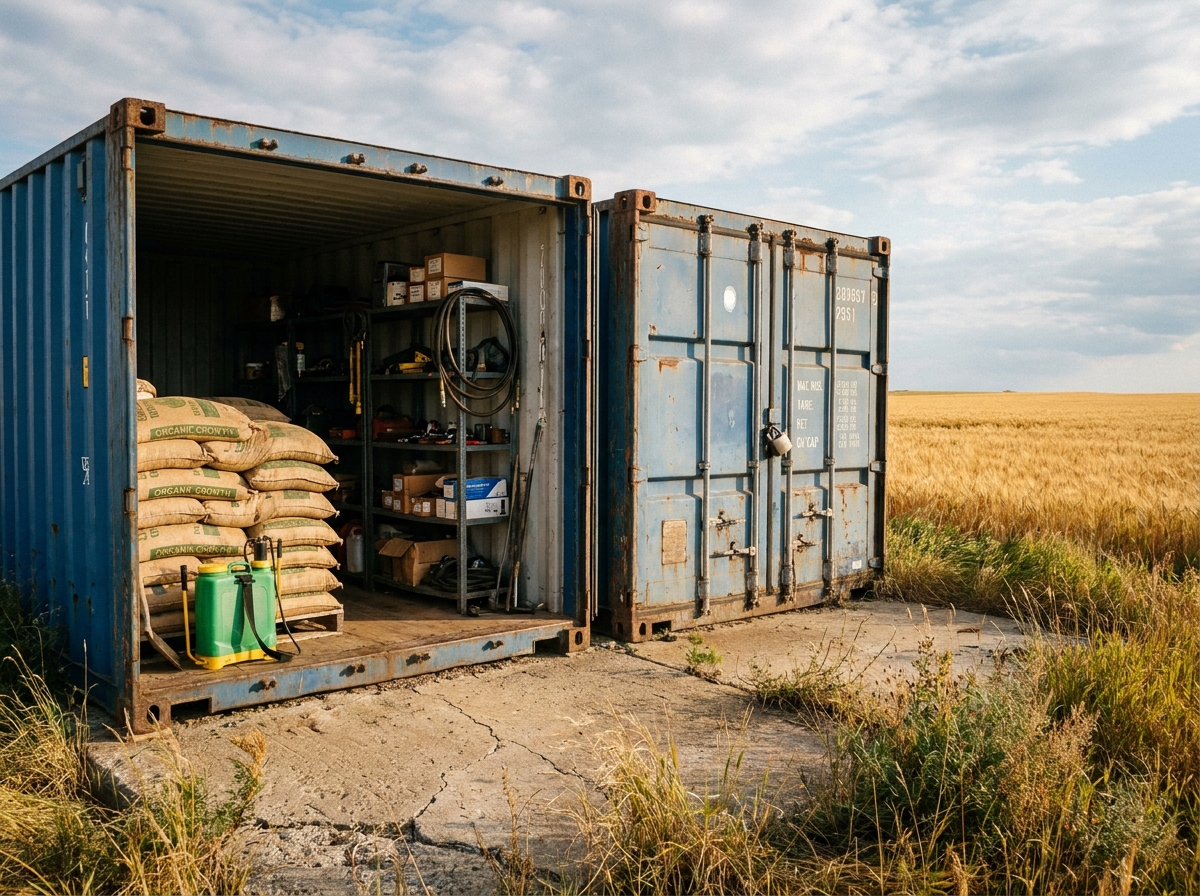 Deux conteneurs bleus côte à côte utilisés comme solution de stockage modulaire pour matériel et intrants agricoles