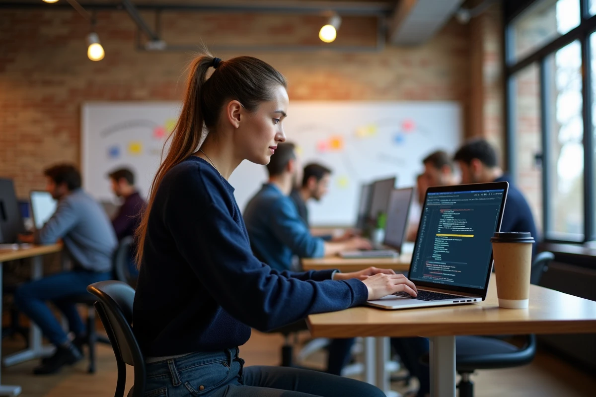 Développeuse travaillant dans un espace coworking régional du réseau Groupe SYD, concentrée sur son code