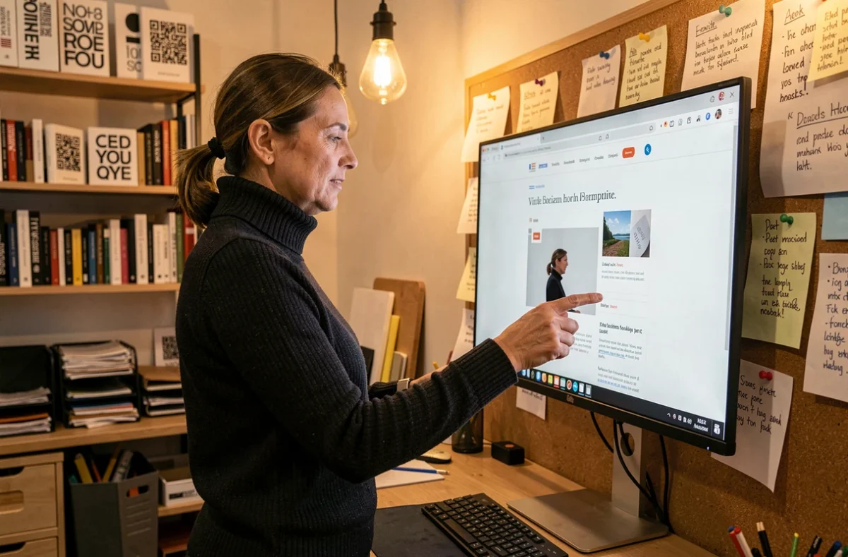 Directrice artistique consultant un site d'édition professionnelle pour optimiser la visibilité de sa marque