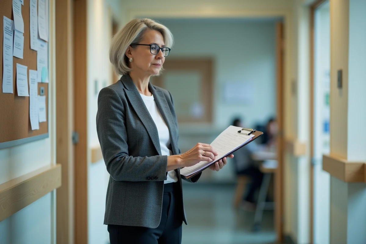 Directrice d'établissement médico-social consultant des documents de planification dans un couloir administratif, illustration de la gestion des congés selon la Convention 66