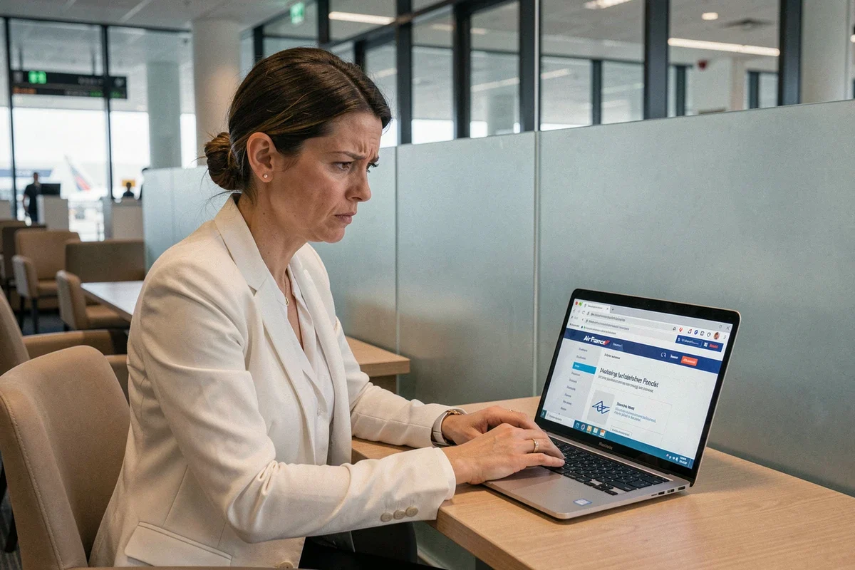 Employée Air France frustrée devant un ordinateur portable affichant l'intranet bloqué dans un salon d'aéroport moderne