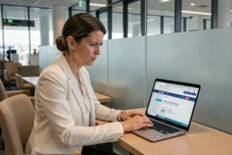Employée Air France frustrée devant un ordinateur portable affichant l'intranet bloqué dans un salon d'aéroport moderne