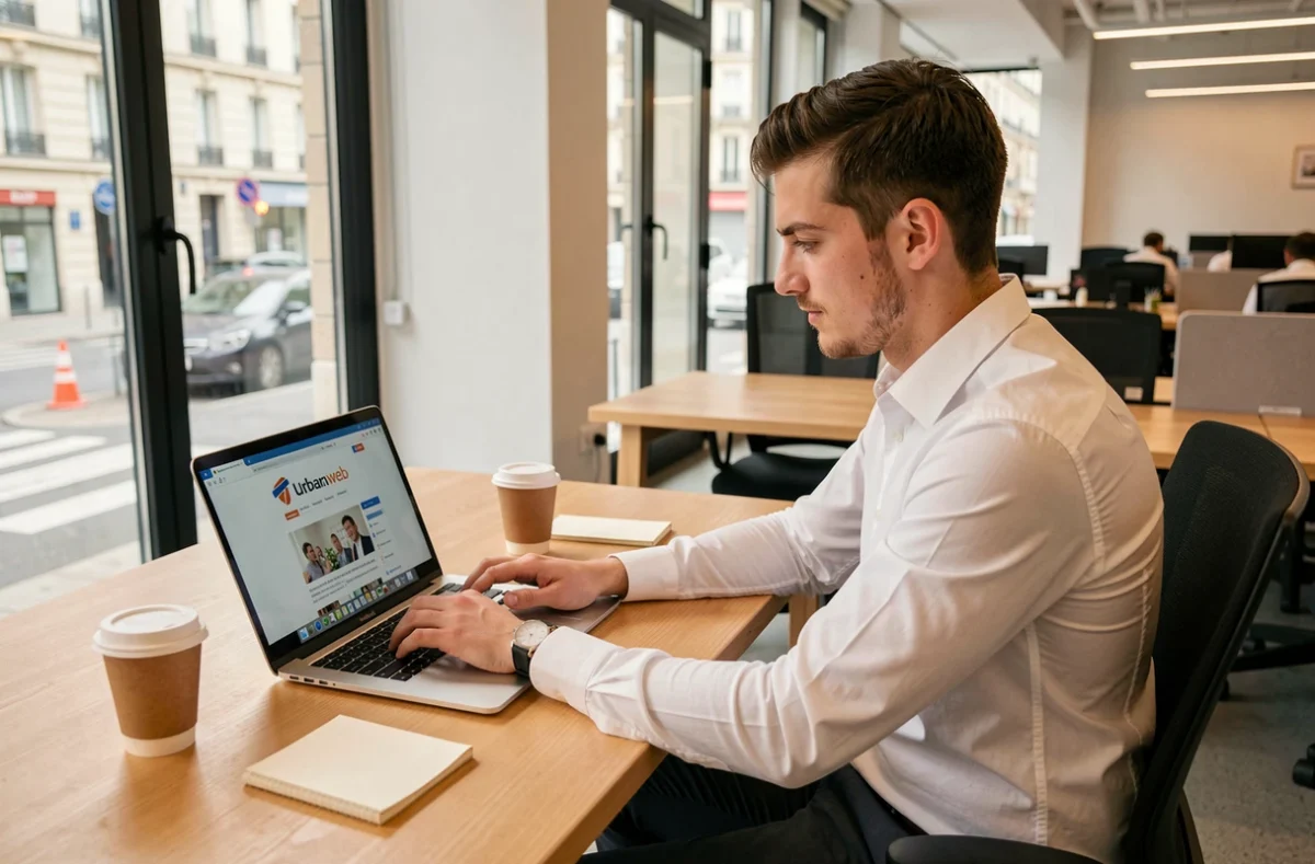 Employé RATP connecté à Urbanweb sur un ordinateur portable dans un bureau administratif moderne