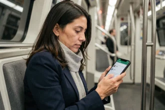 Employée RATP consultant le portail Urbanweb sur son smartphone dans le métro parisien