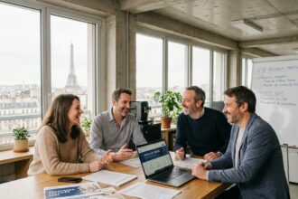 Employés d'entreprise réunis autour d'une table pour consulter les avantages CSE et améliorer leur pouvoir d'achat