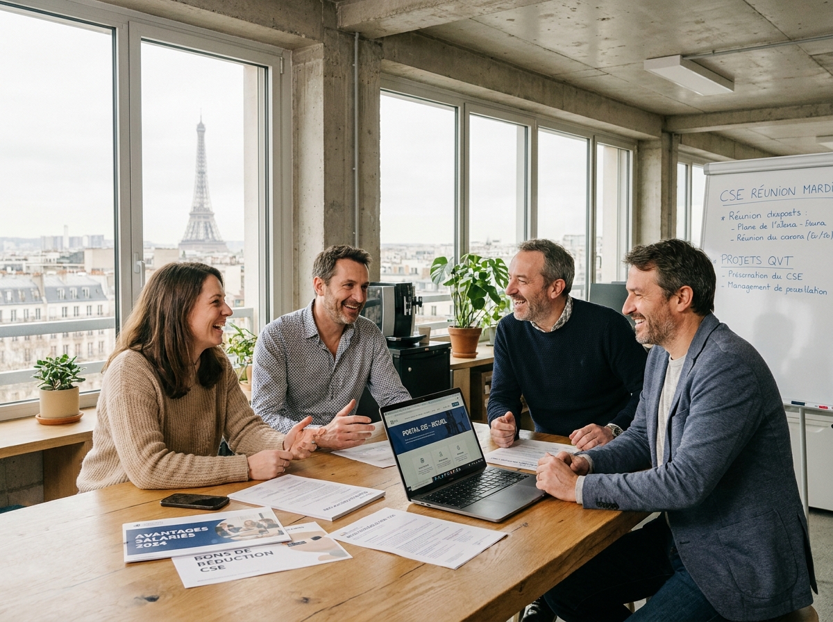 Employés d'entreprise réunis autour d'une table pour consulter les avantages CSE et améliorer leur pouvoir d'achat