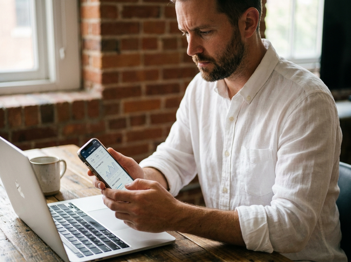Chef d'entreprise analysant les statistiques d'appels téléphoniques sur smartphone après externalisation de sa communication
