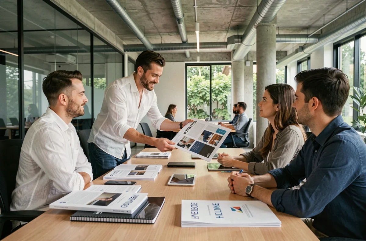Entrepreneur présentant un catalogue éditorial à des collaborateurs dans un espace de coworking moderne