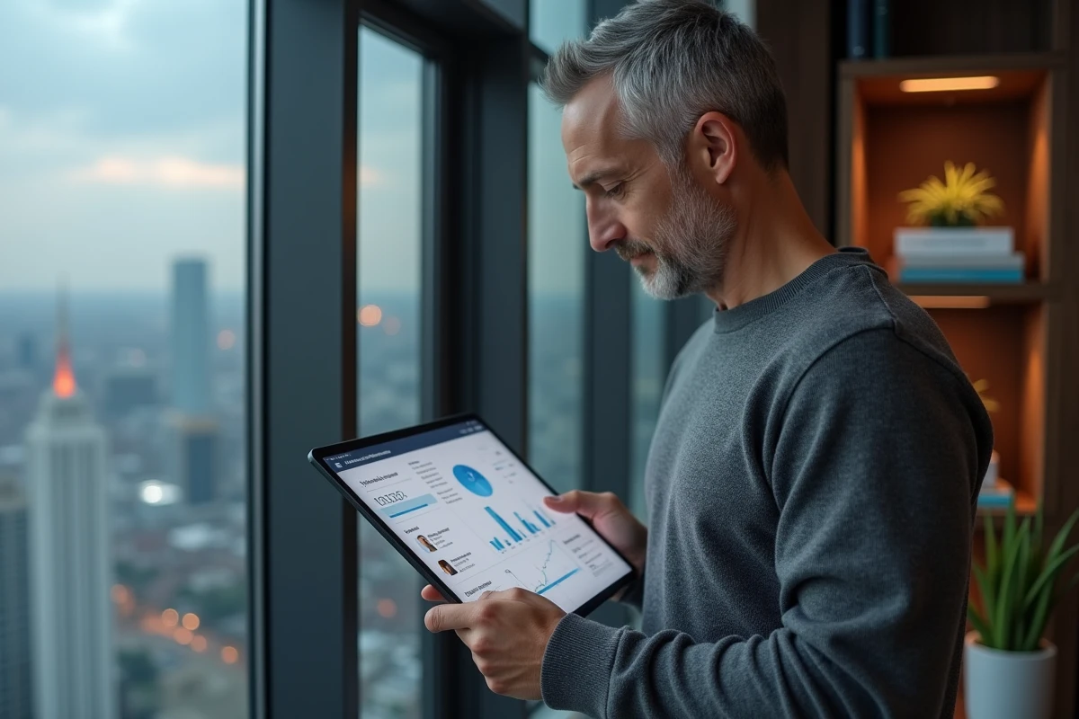 Entrepreneur consultant une plateforme business différenciante sur une tablette dans un bureau avec vue sur la ville