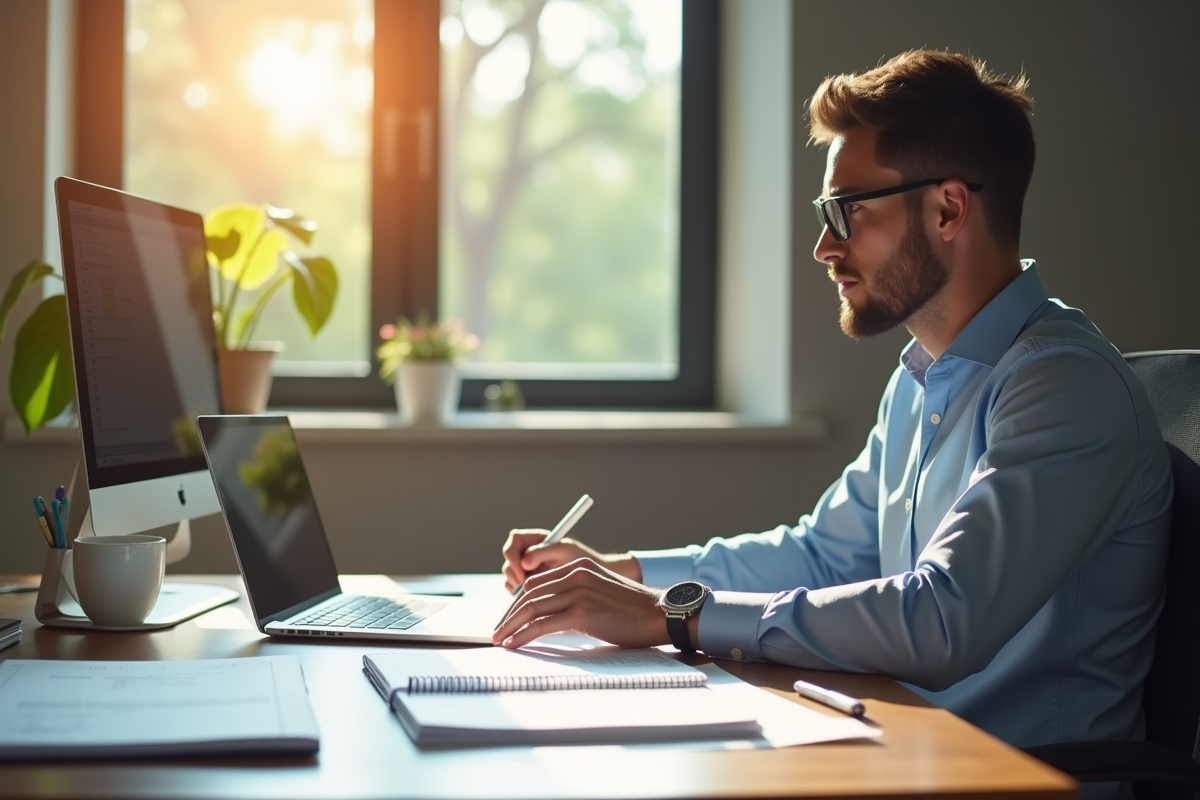 Entrepreneur confiant travaillant seul à son bureau organisé