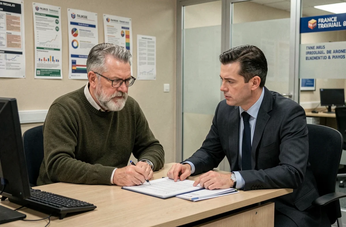 Un salarié porté en entretien avec un conseiller France Travail pour ses droits au chômage après une mission