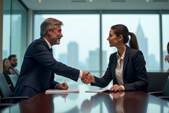 Deux professionnels d'affaires se serrent la main dans une salle de réunion moderne