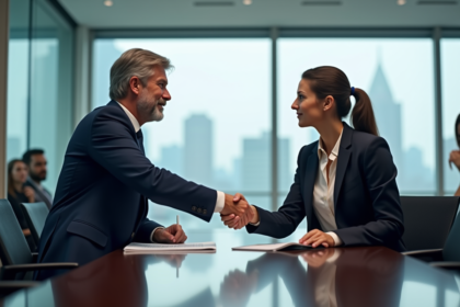 Deux professionnels d'affaires se serrent la main dans une salle de réunion moderne