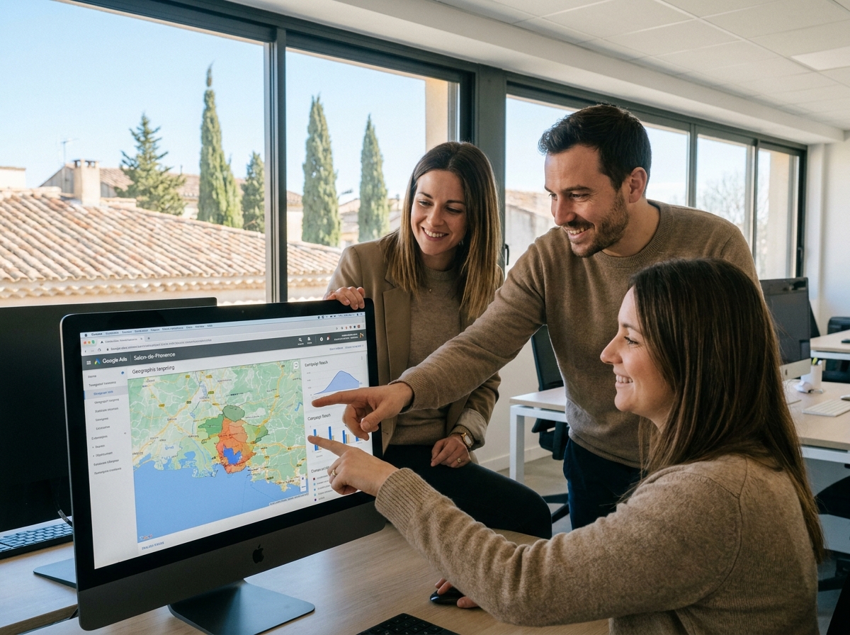 Équipe d'agence marketing digital travaillant sur une stratégie Google Ads géolocalisée pour Salon-de-Provence