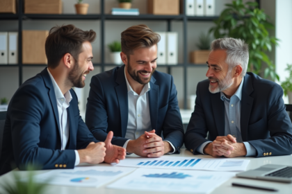 Groupe de quatre professionnels discutant autour d'un graphique de croissance