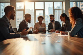 Equipe diverse collaborant dans un bureau lumineux