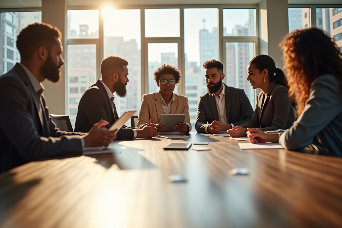 Equipe diverse collaborant dans un bureau lumineux