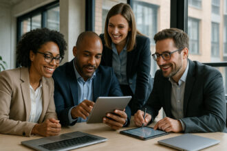 Groupe de professionnels en réunion dans un bureau moderne