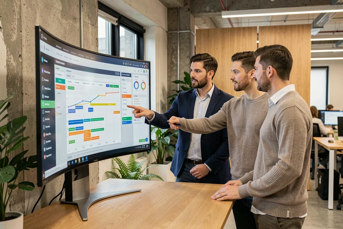 Équipe digitale collaborant autour d'un logiciel de gestion de projet sur grand écran dans un open-space moderne