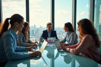 Groupe de professionnels du marketing analysant des graphiques colorés