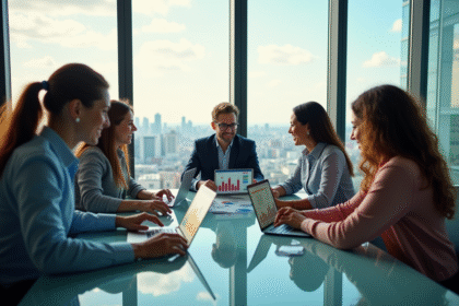 Groupe de professionnels du marketing analysant des graphiques colorés