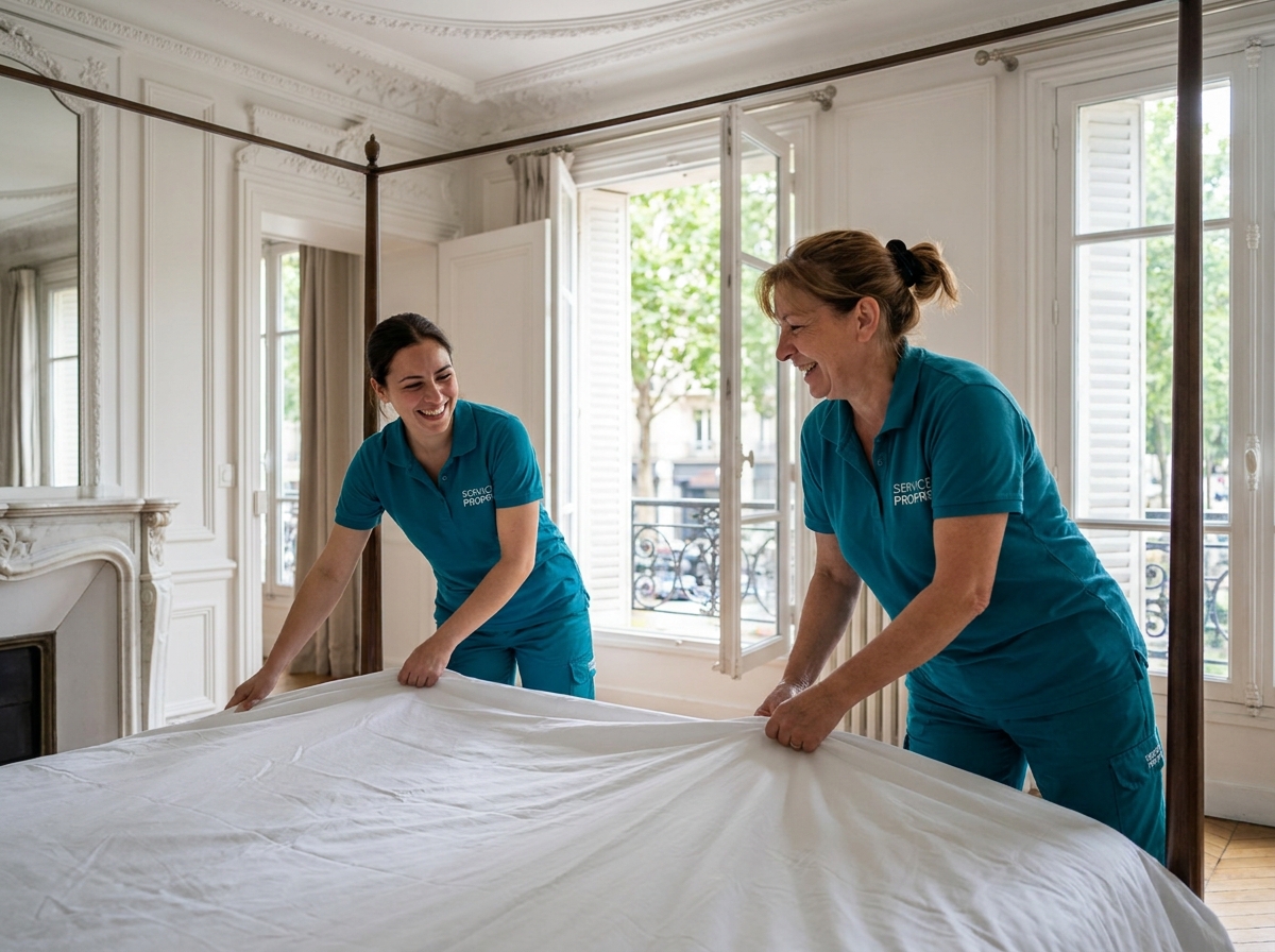 Deux professionnelles du ménage en uniforme refaisant un lit dans une chambre de style haussmannien à Courbevoie