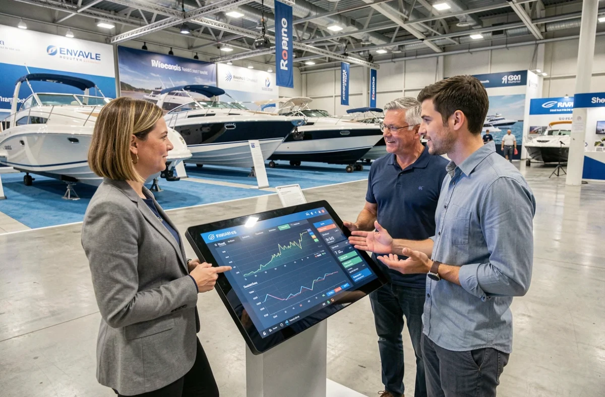 Équipe de professionnels du secteur nautique discutant des tendances du marché devant un écran interactif lors d'un salon nautique international