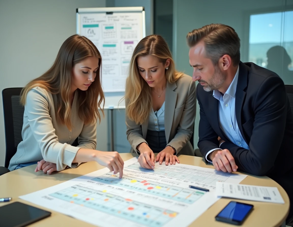 Équipe de collègues en réunion analysant un calendrier de jours travaillés et chômage partiel pour 2026