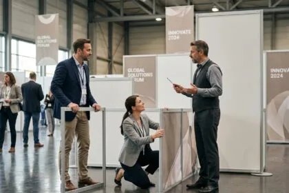 Groupe de professionnels assemblant un stand d'exposition moderne