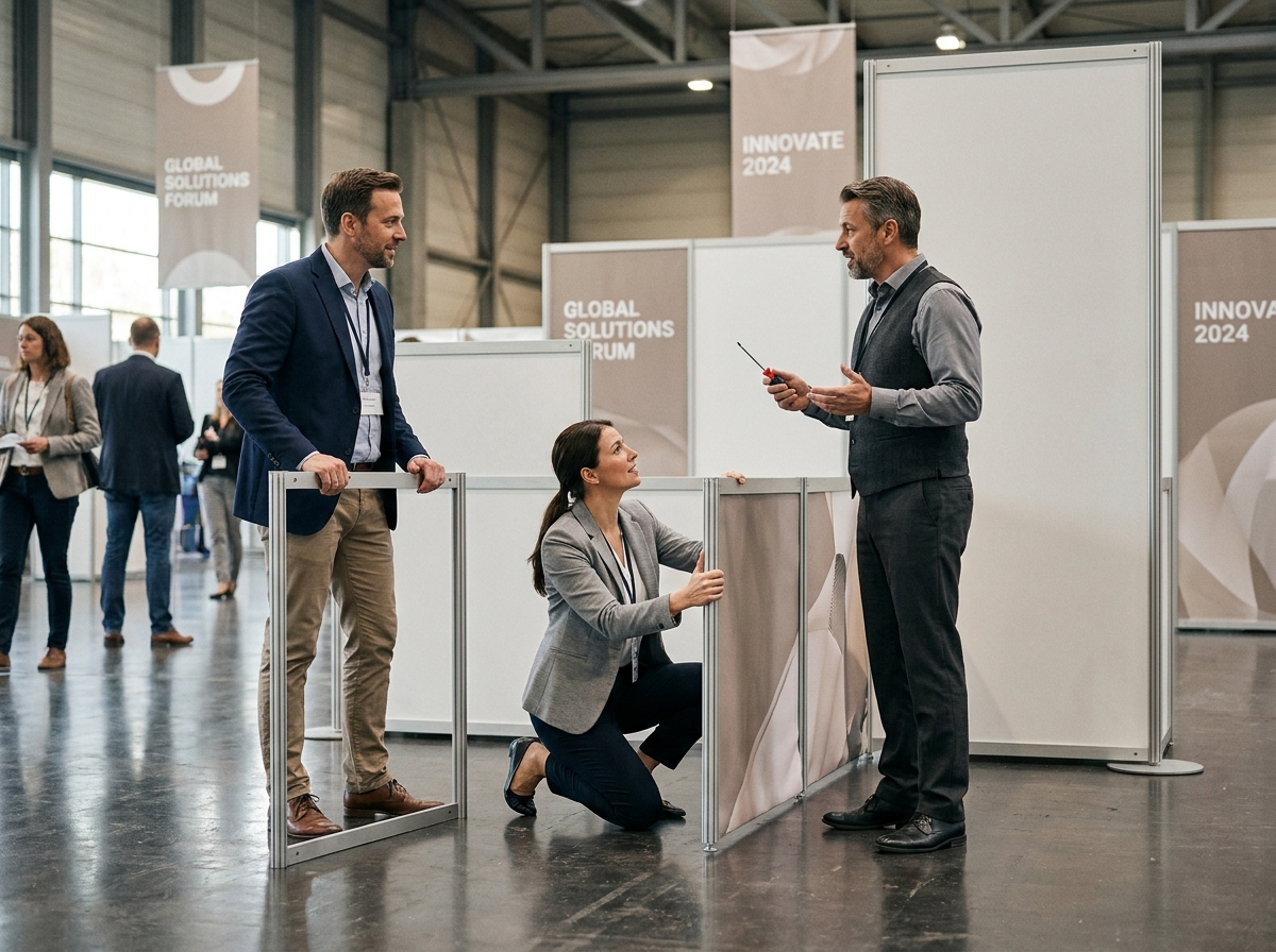 Groupe de professionnels assemblant un stand d'exposition moderne