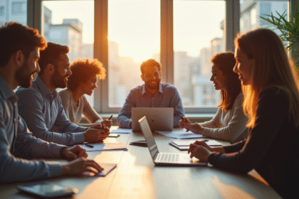 Groupe de professionnels collaborant dans un bureau lumineux