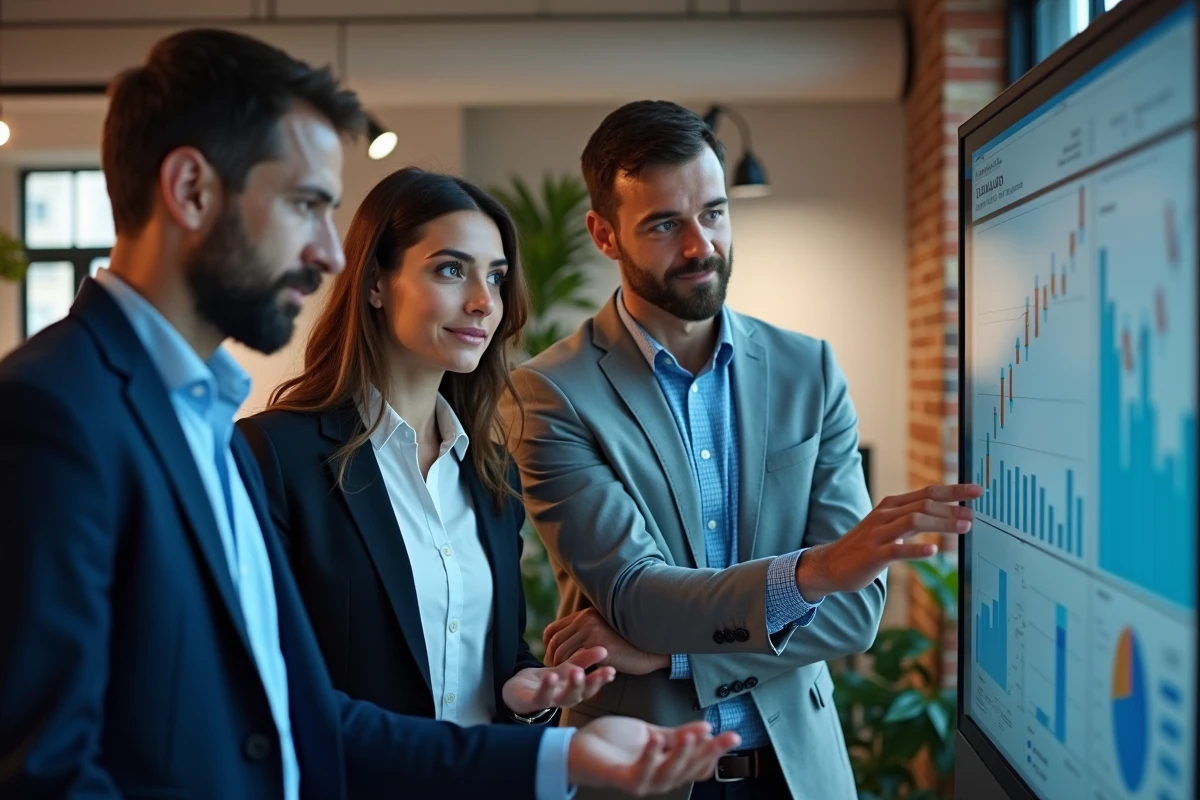 Groupe de professionnels collaborant autour d un ecran de données