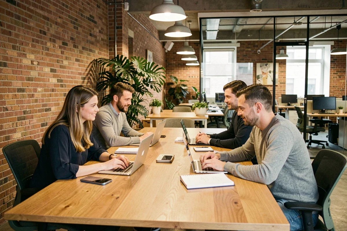 Groupe de professionnels travaillant ensemble dans un espace de coworking moderne avec table en bois et murs en briques apparentes