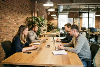 Groupe de professionnels travaillant ensemble dans un espace de coworking moderne avec table en bois et murs en briques apparentes