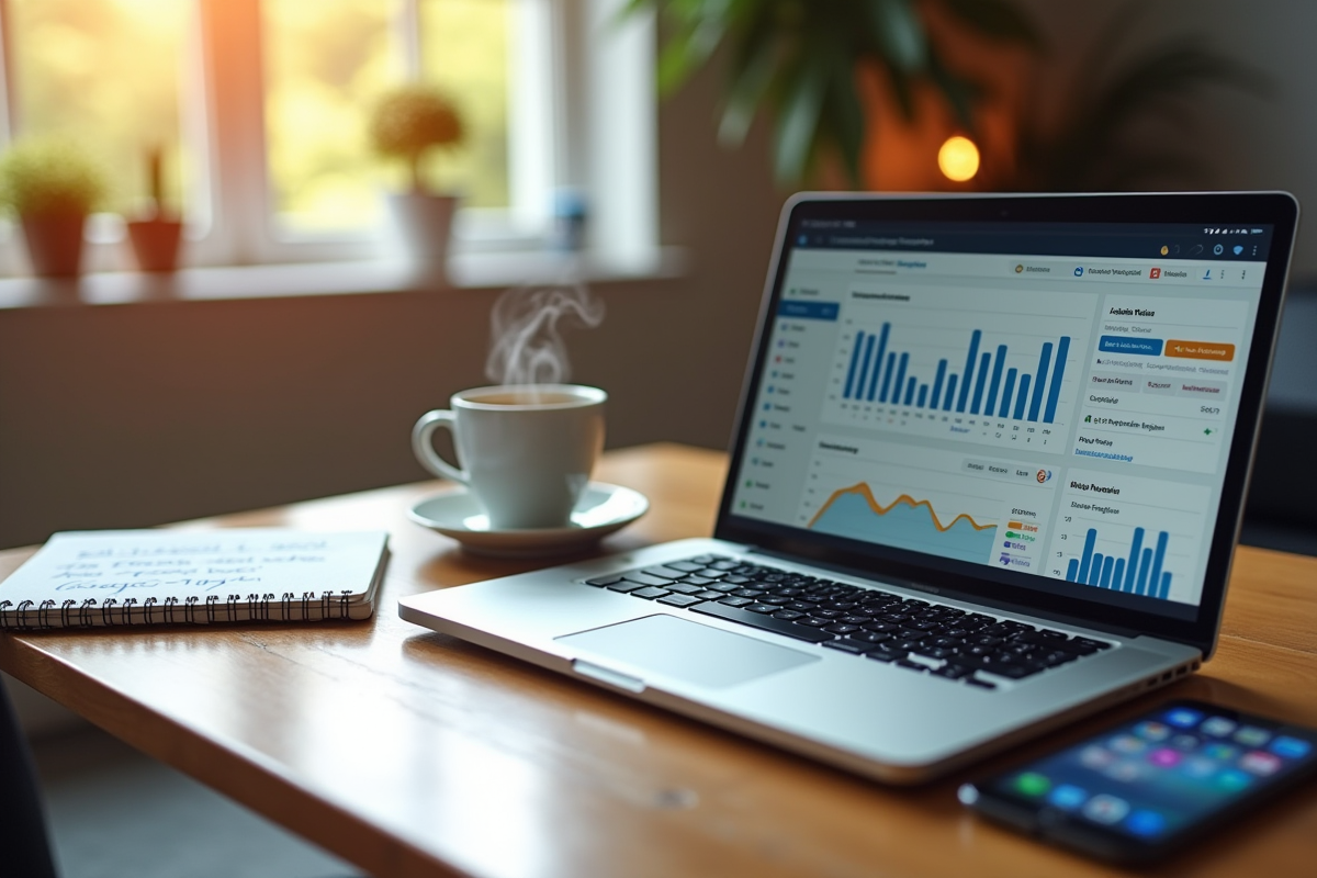 Espace de travail créatif avec ordinateur et notes sur les réseaux sociaux