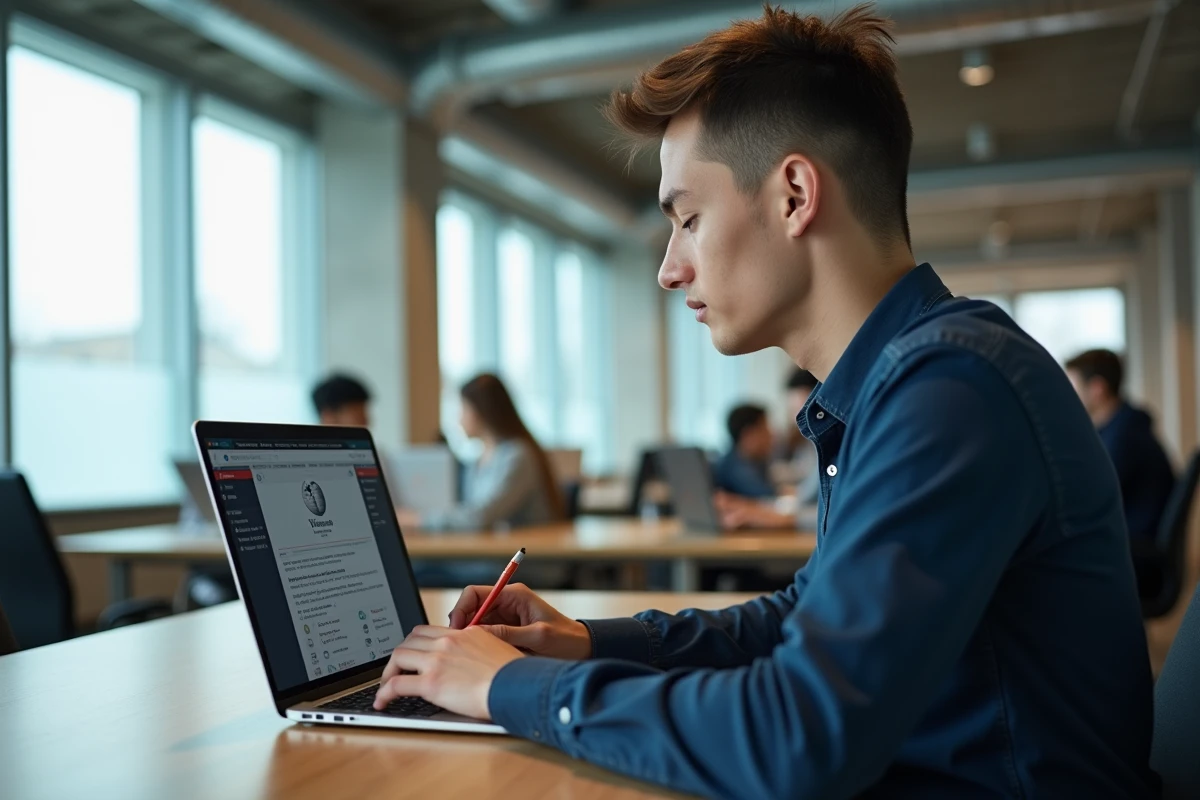 Étudiant dans un espace de co-working prenant des notes sur un wiki d'entreprise automobile pour constituer un dossier académique sur Stellantis