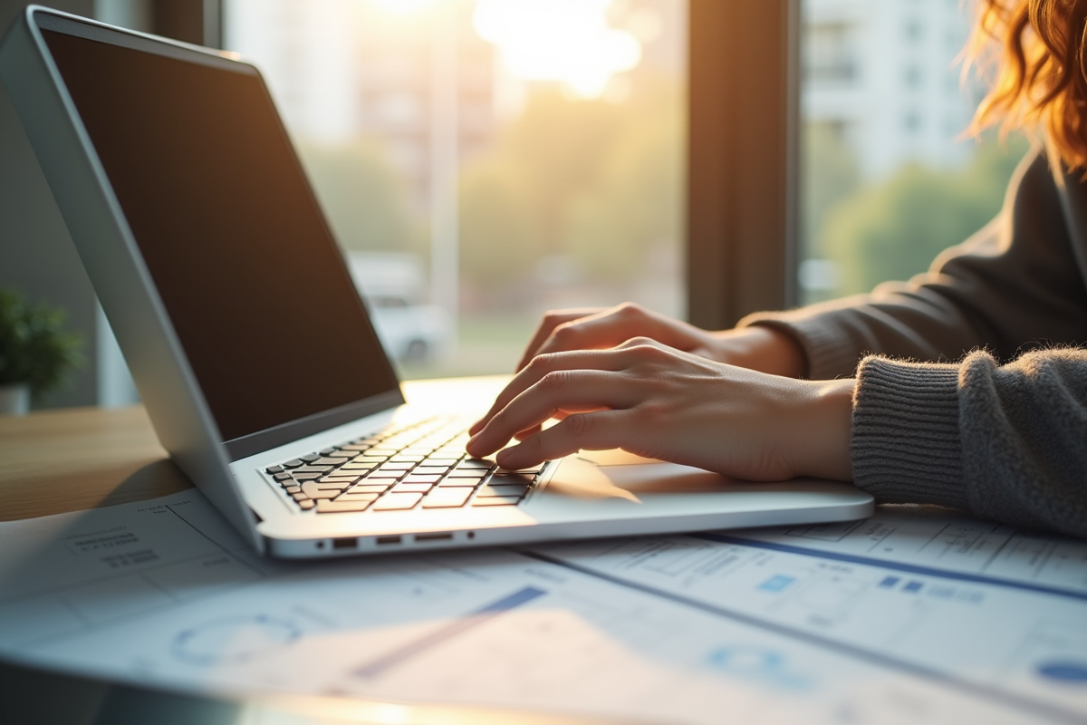Étudiant en immobilier analysant des plans sur un ordinateur portable