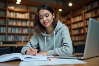 Étudiante en bibliothèque universitaire consultant des documents de recherche sur Stellantis pour rédiger un dossier complet et sourcé