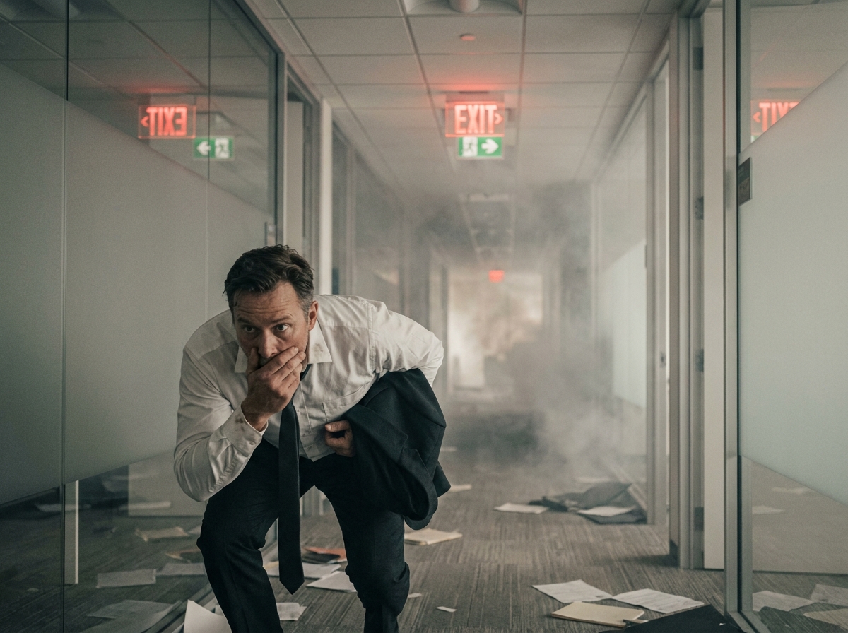 Employé de bureau évacuant un couloir enfumé lors d'un incendie dans un immeuble de bureaux
