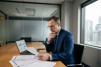 Consultant financier analysant les documents comptables d'une PME avant sa cession dans une salle de réunion moderne