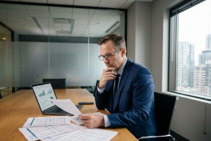 Consultant financier analysant les documents comptables d'une PME avant sa cession dans une salle de réunion moderne