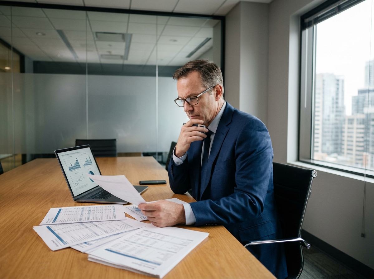 Consultant financier analysant les documents comptables d'une PME avant sa cession dans une salle de réunion moderne